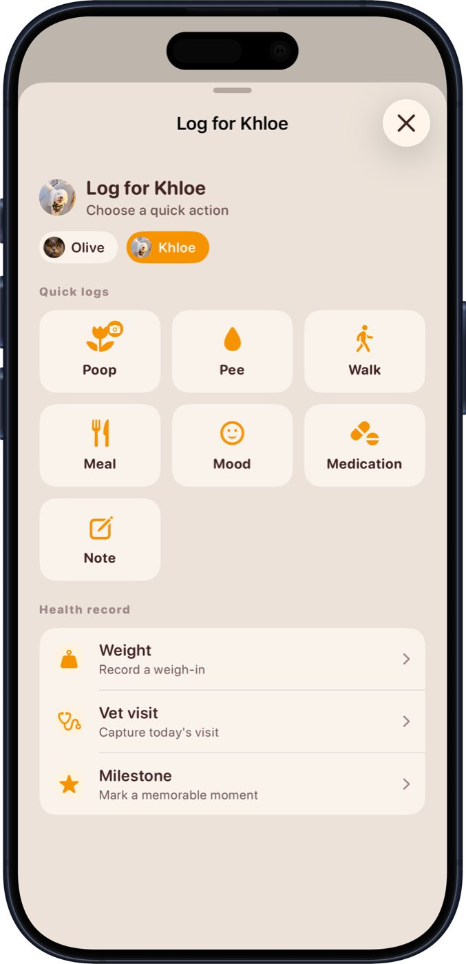 Dengo log screen showing quick options to log walk, meal, mood, and other daily activities