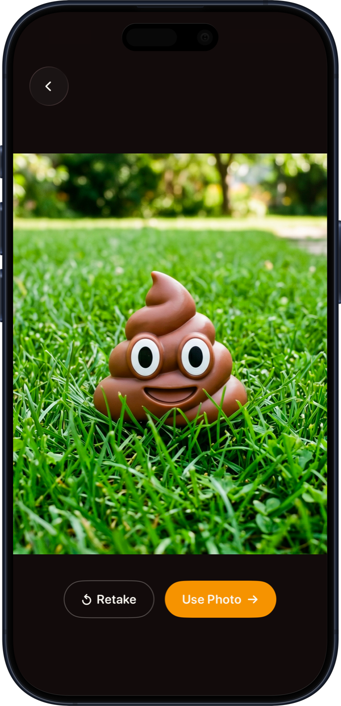 Dengo poop analysis flow showing photo capture and AI-read consistency, color, and concern level