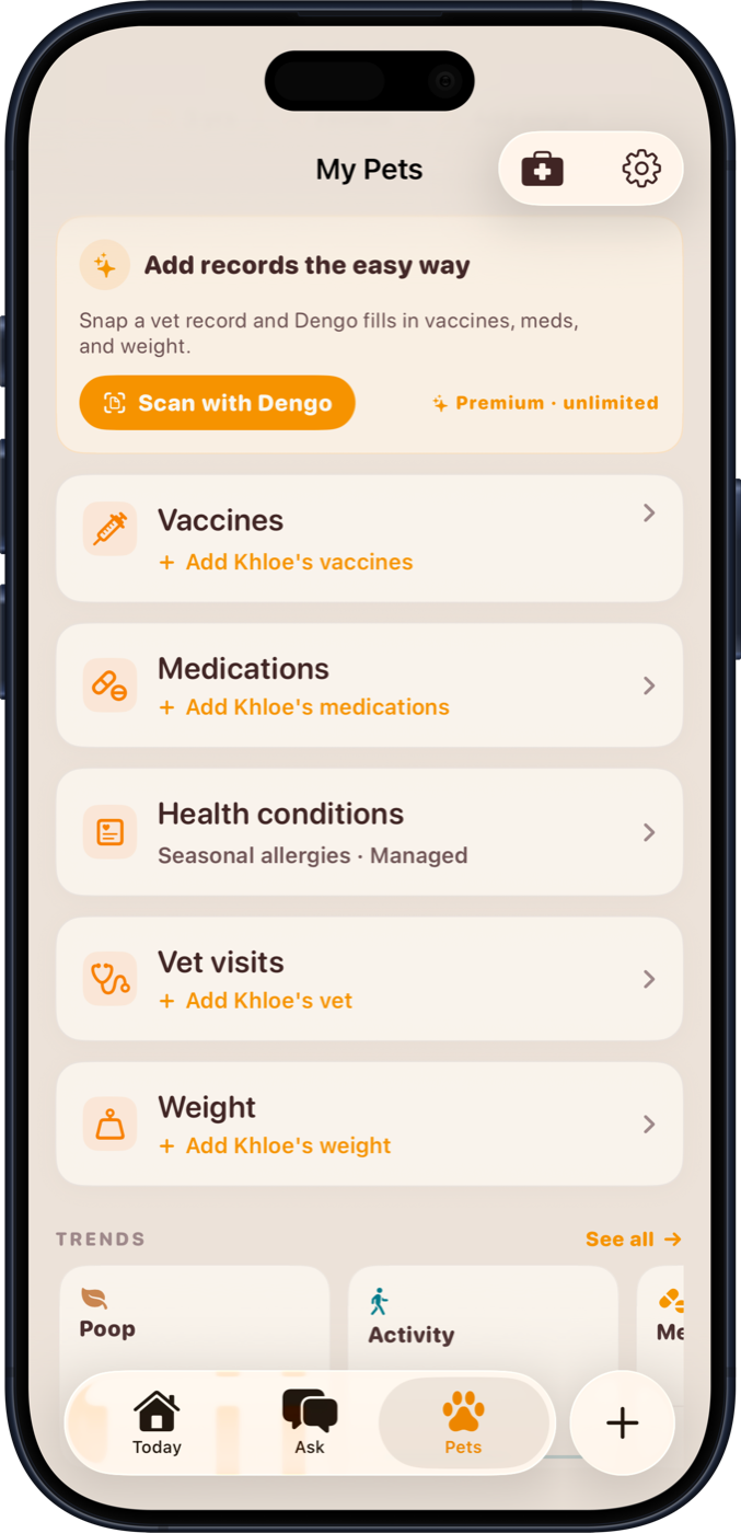 Dengo pet records screen showing organized vaccines, medications, weight, food, and vet visit history